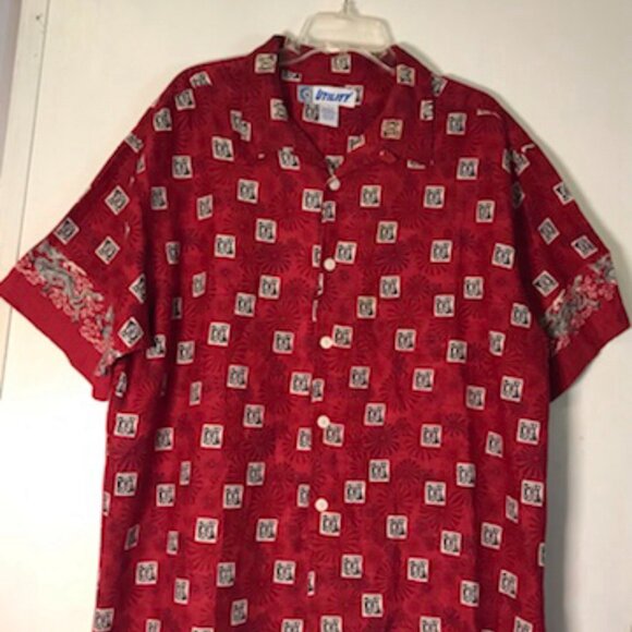 Share Utility Mens Sz Large Red Shirt Short Sleeve Button Down Chinese Dragon Bo - Picture 1 of 3